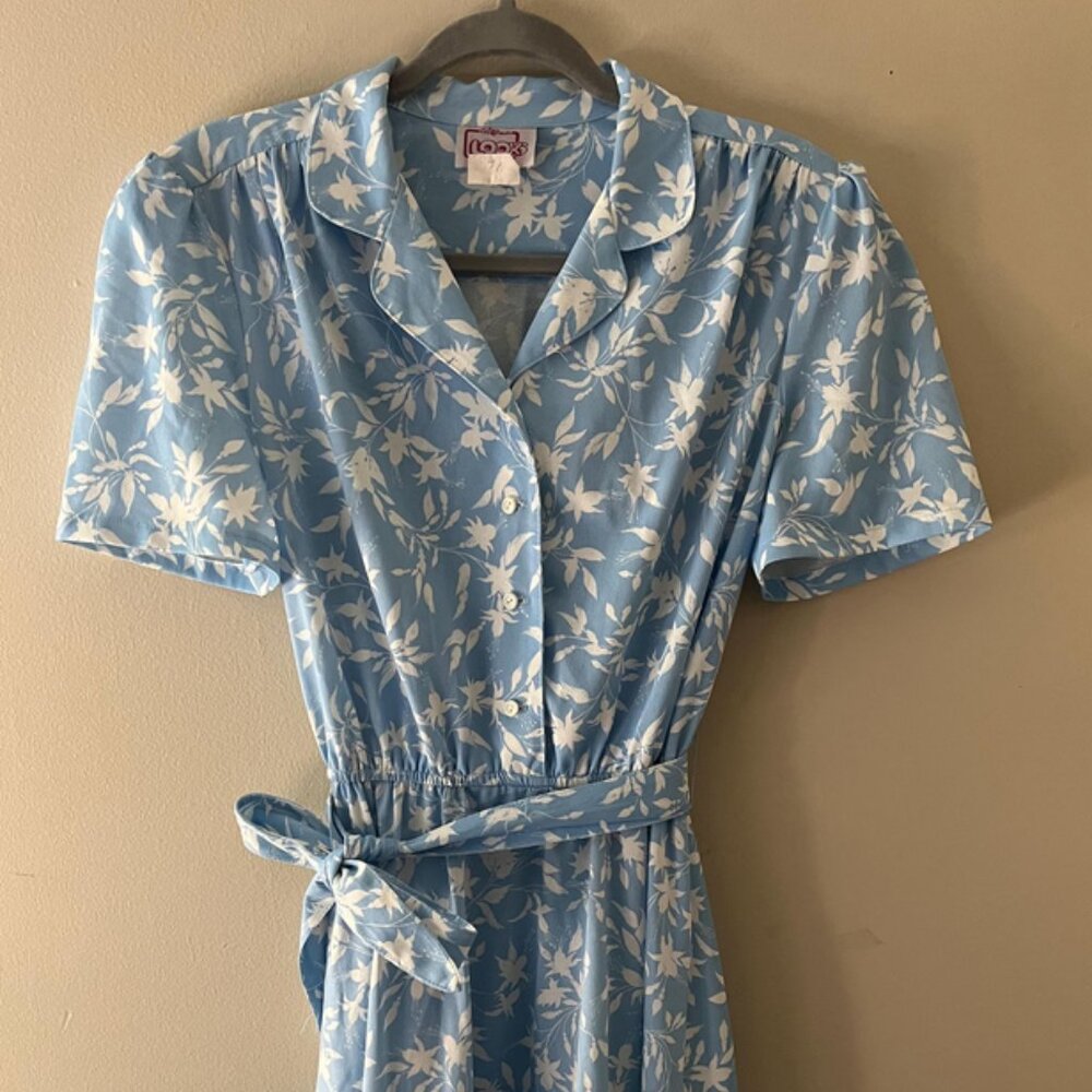Vintage California Looks 70s 80s Blue Floral Retro House Dress 40s style